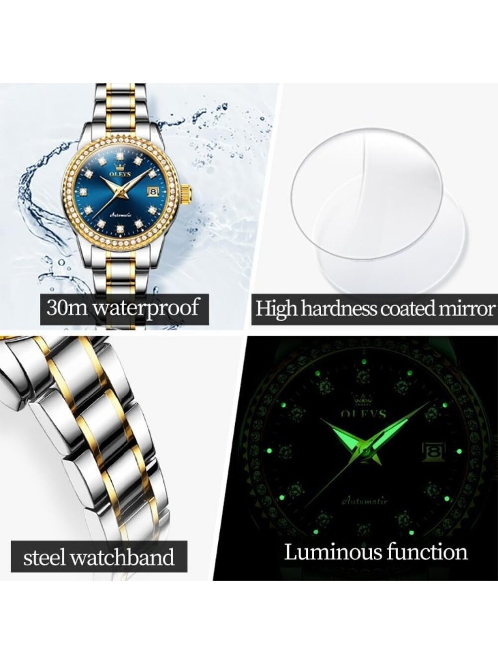 Women's Gold Blue Waterproof Long Band for Medium Wrist Stainless Steel Watch - Picture 5 of 6